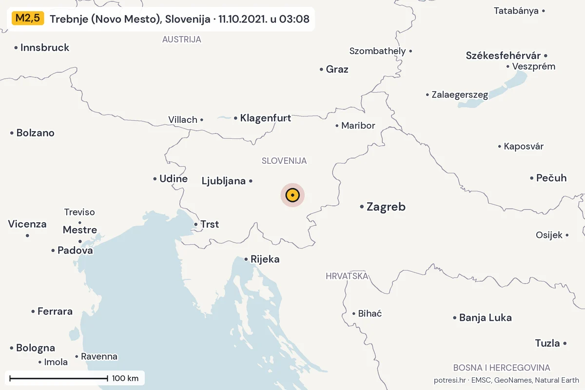 Karta: šire područje, 600 km, potres M2,5, Trebnje (Novo Mesto), Slovenija, 11.10.2021.