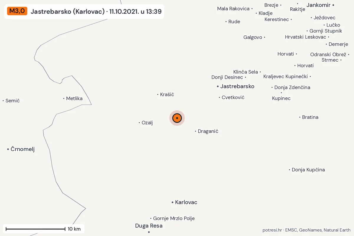 Karta: okolica epicentra, 60 km, potres M3,0, Jastrebarsko (Karlovac), 11.10.2021.