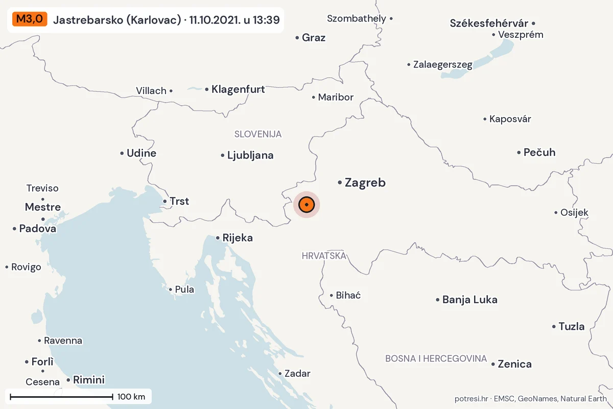 Karta: šire područje, 600 km, potres M3,0, Jastrebarsko (Karlovac), 11.10.2021.