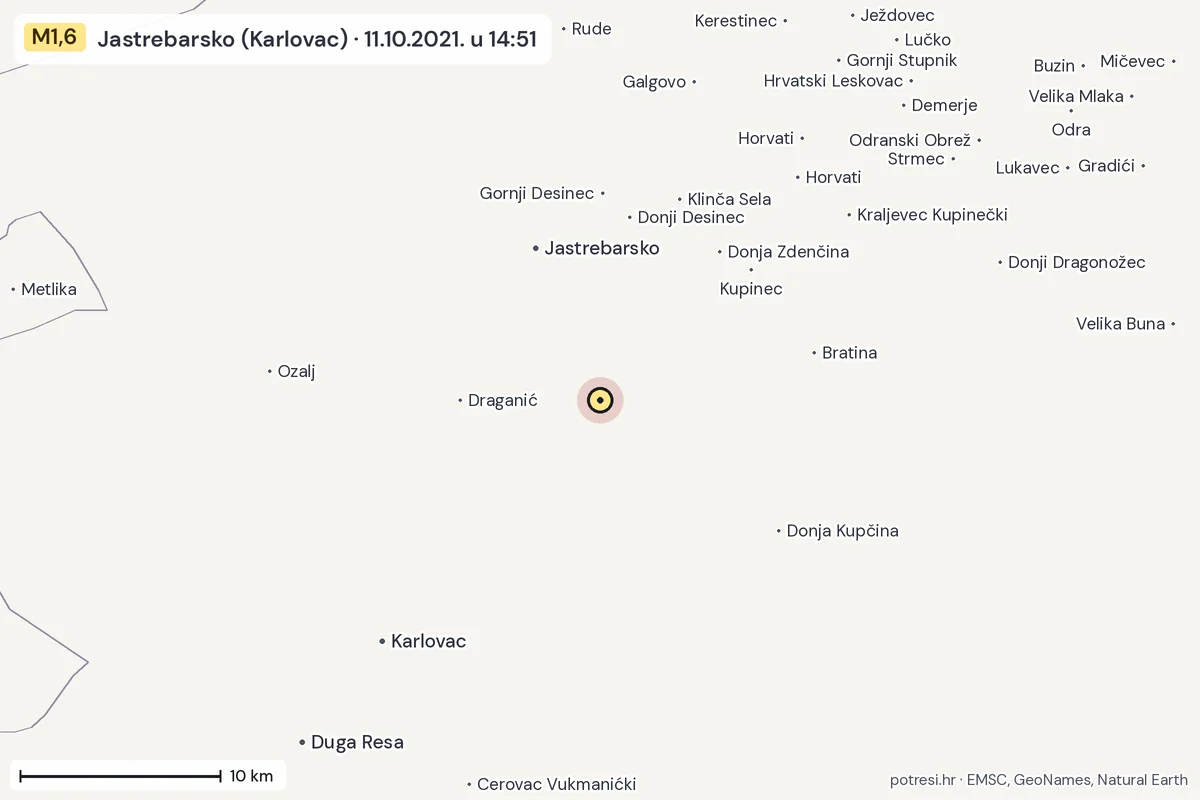 Karta: okolica epicentra, 60 km, potres M1,6, Jastrebarsko (Karlovac), 11.10.2021.