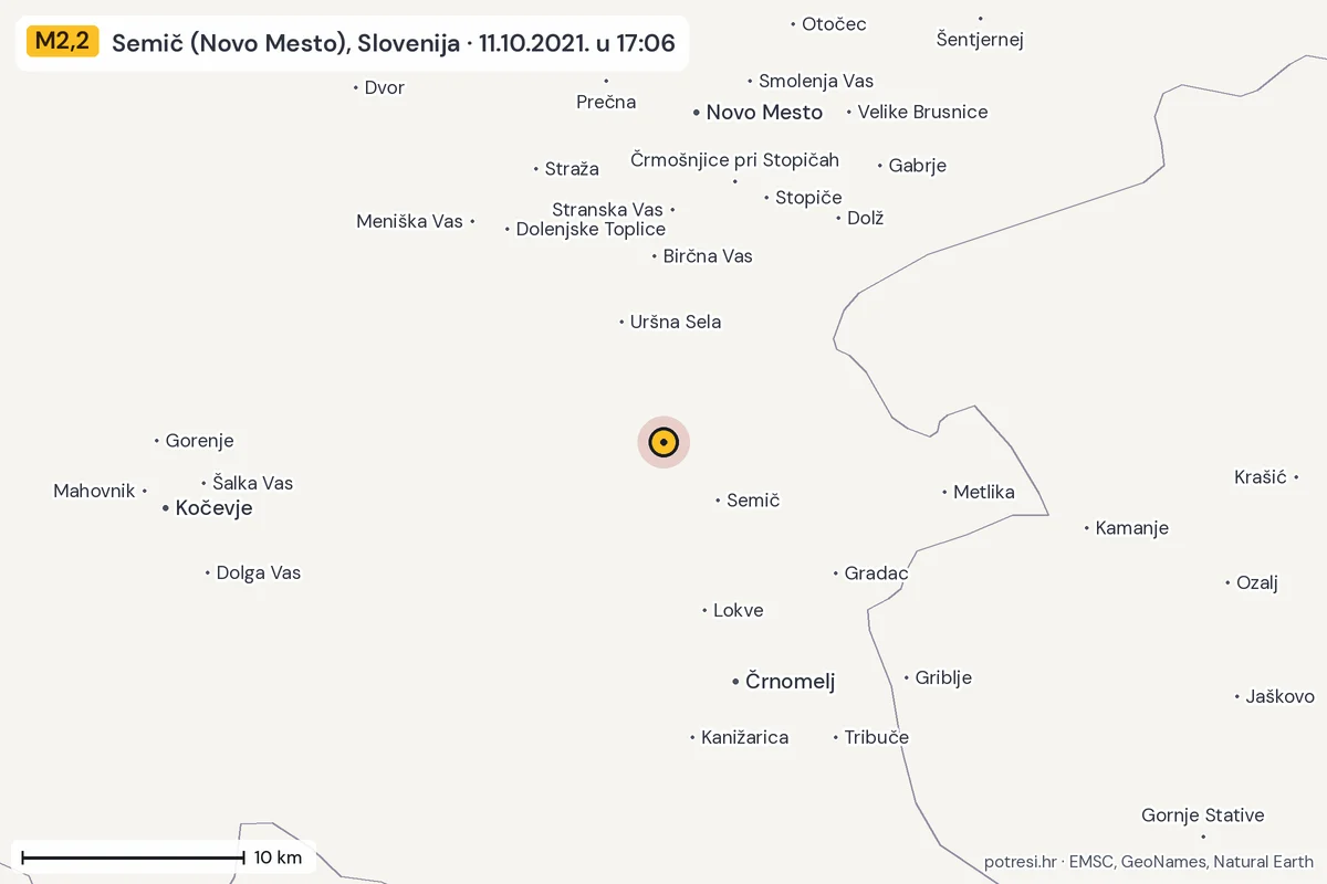 Karta: okolica epicentra, 60 km, potres M2,2, Semič (Novo Mesto), Slovenija, 11.10.2021.