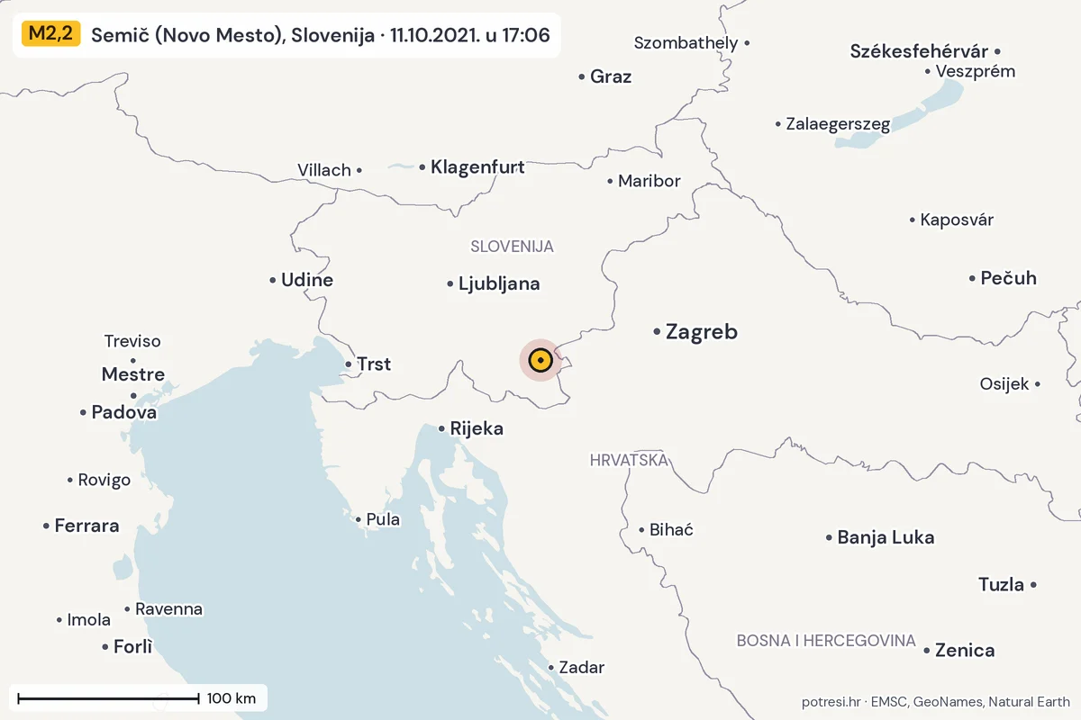Karta: šire područje, 600 km, potres M2,2, Semič (Novo Mesto), Slovenija, 11.10.2021.