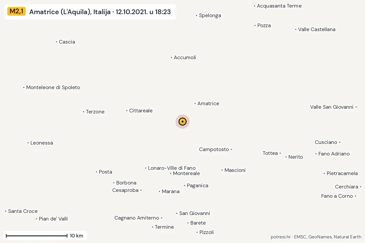 Karta: okolica epicentra, 60 km, potres M2,1, Amatrice (L'Aquila), Italija, 12.10.2021.