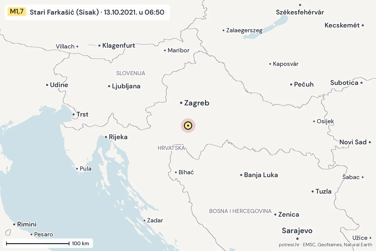 Karta: šire područje, 600 km, potres M1,7, Stari Farkašić (Sisak), 13.10.2021.