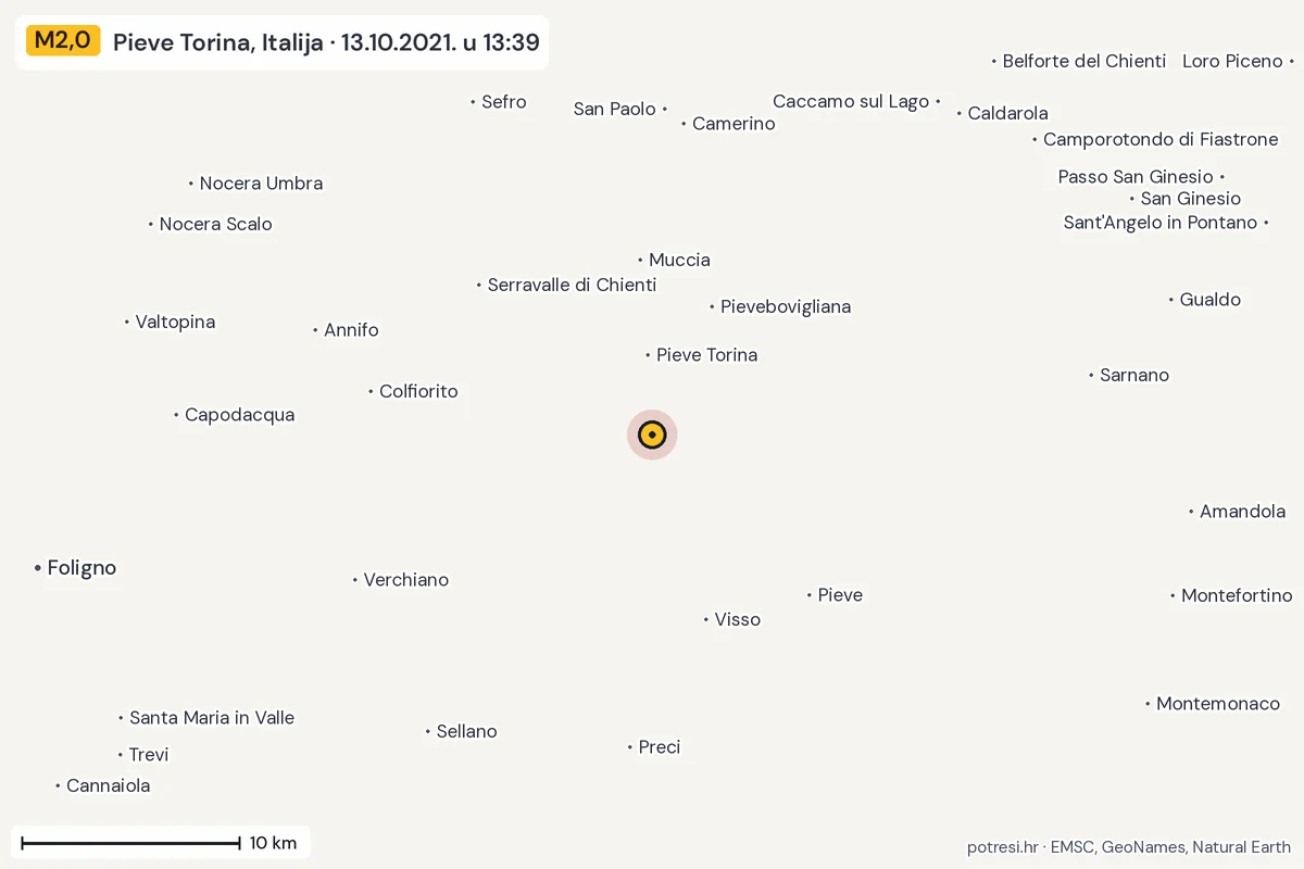 Karta: okolica epicentra, 60 km, potres M2,0, Pieve Torina, Italija, 13.10.2021.