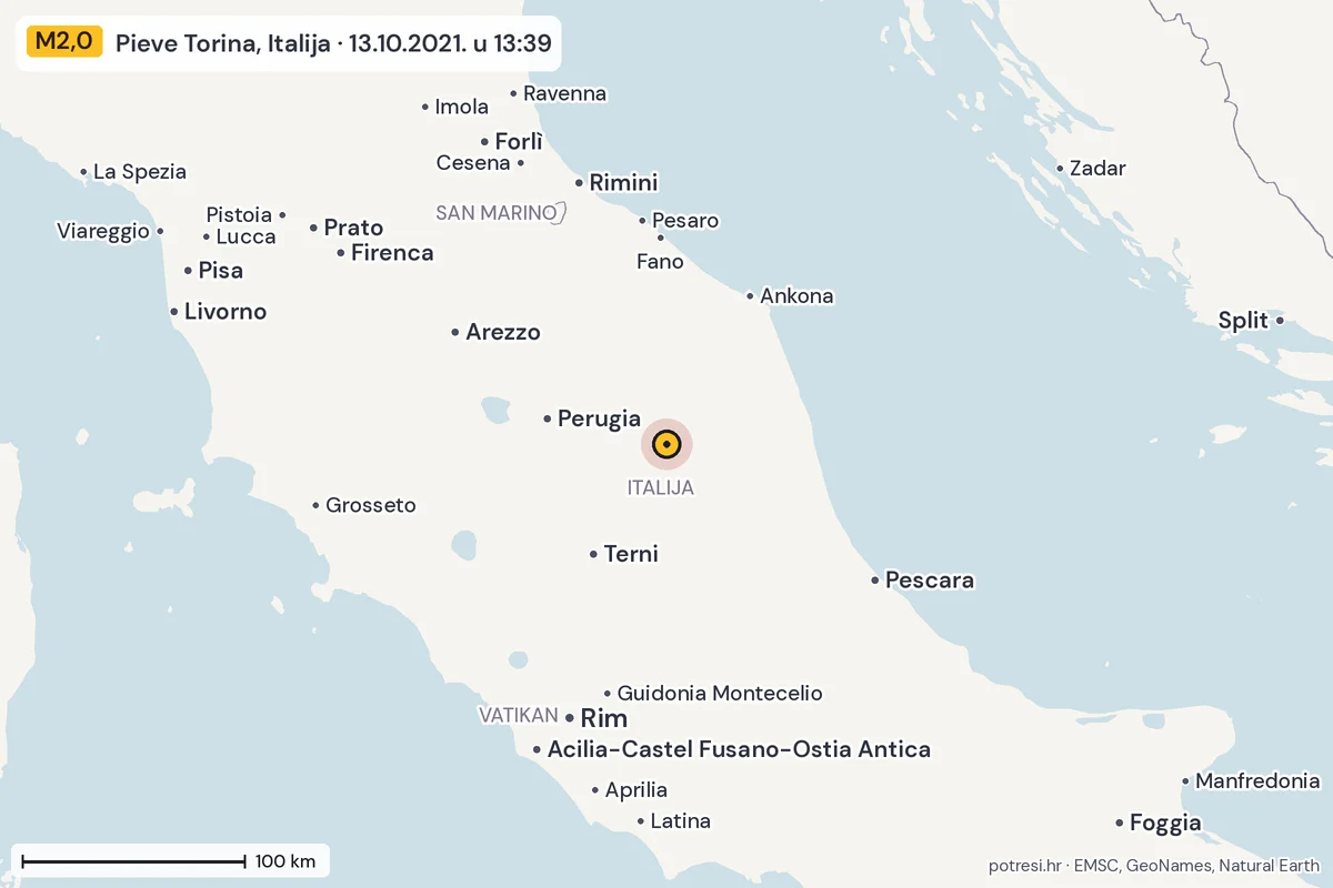 Karta: šire područje, 600 km, potres M2,0, Pieve Torina, Italija, 13.10.2021.