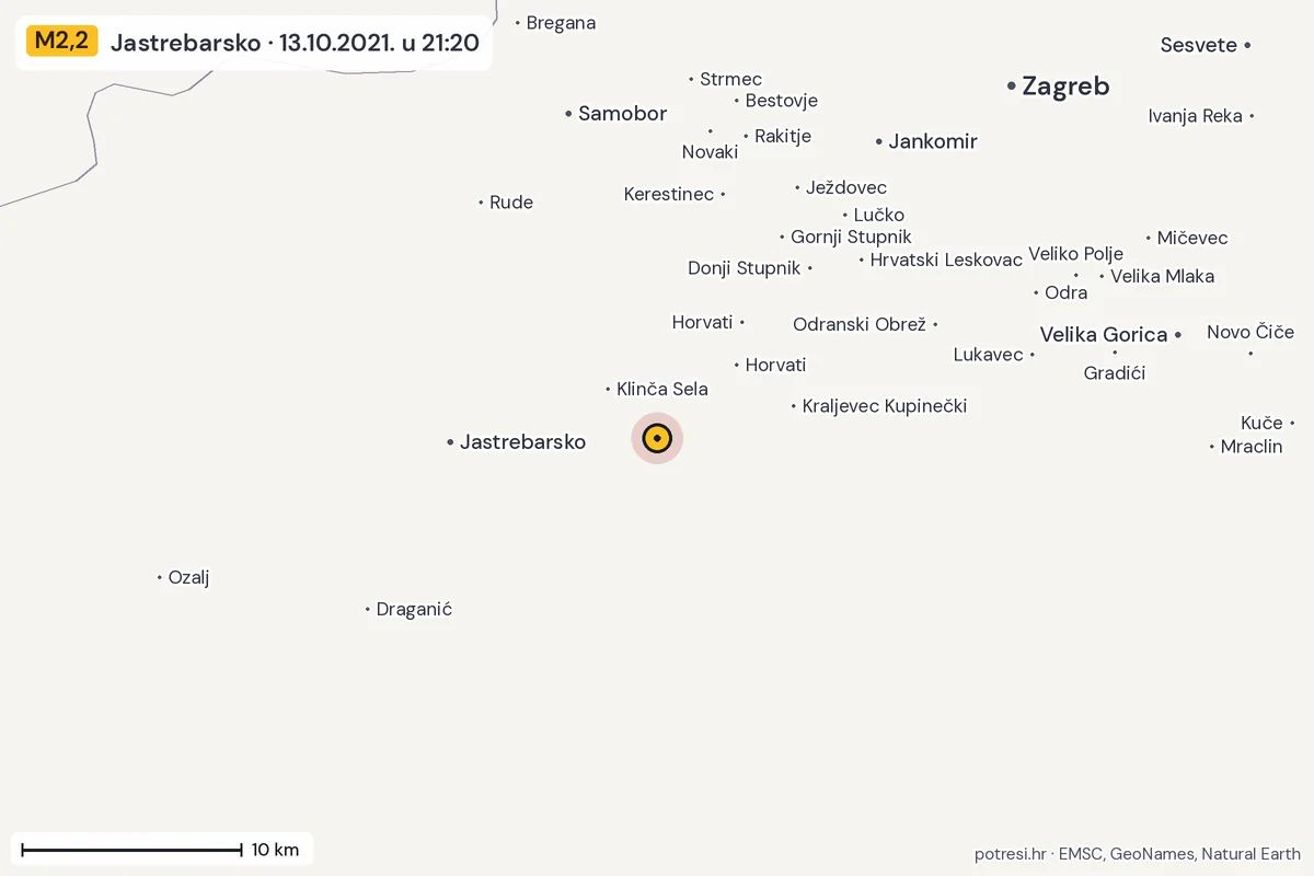 Karta: okolica epicentra, 60 km, potres M2,2, Jastrebarsko, 13.10.2021.