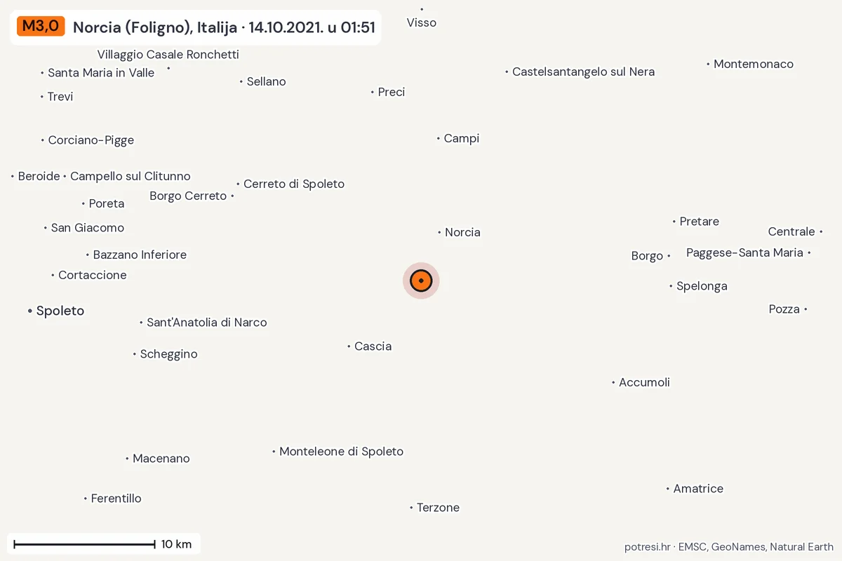 Karta: okolica epicentra, 60 km, potres M3,0, Norcia (Foligno), Italija, 14.10.2021.
