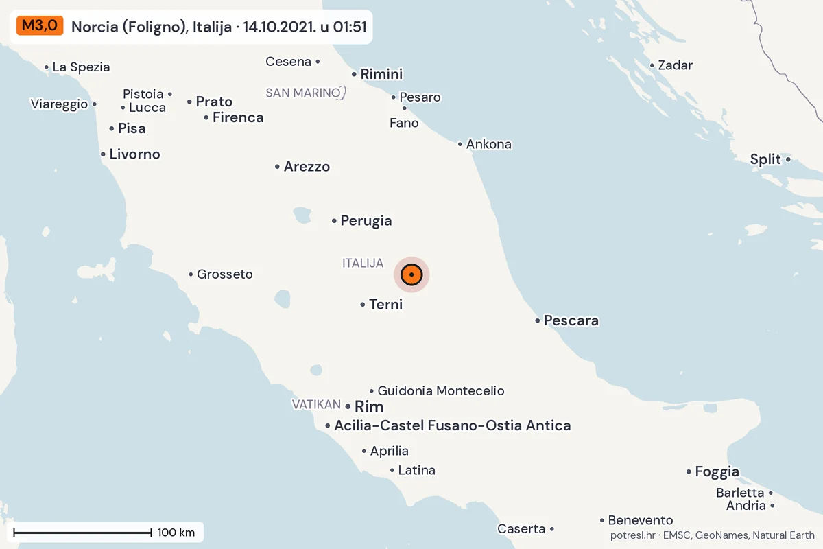 Karta: šire područje, 600 km, potres M3,0, Norcia (Foligno), Italija, 14.10.2021.