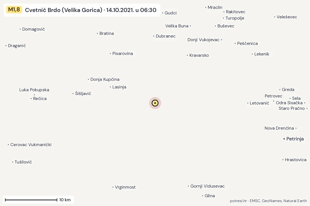 Karta: okolica epicentra, 60 km, potres M1,8, Cvetnić Brdo (Velika Gorica), 14.10.2021.