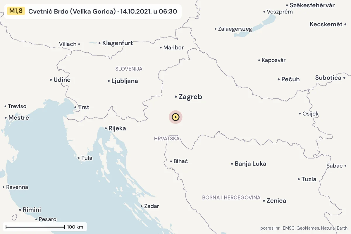 Karta: šire područje, 600 km, potres M1,8, Cvetnić Brdo (Velika Gorica), 14.10.2021.