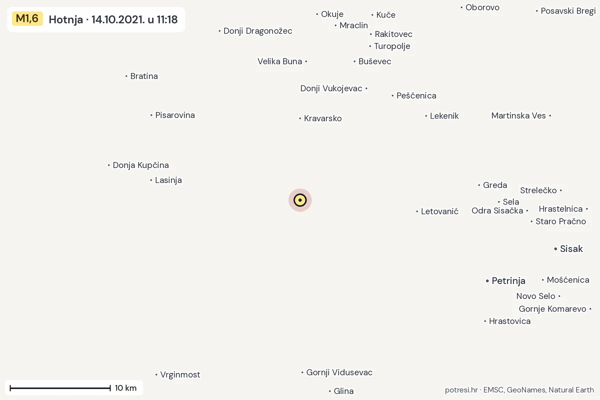 Karta: okolica epicentra, 60 km, potres M1,6, Hotnja, 14.10.2021.