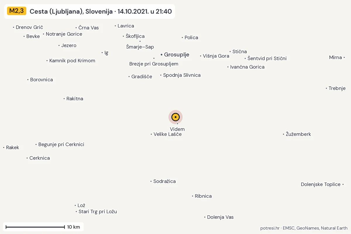 Karta: okolica epicentra, 60 km, potres M2,3, Cesta (Ljubljana), Slovenija, 14.10.2021.