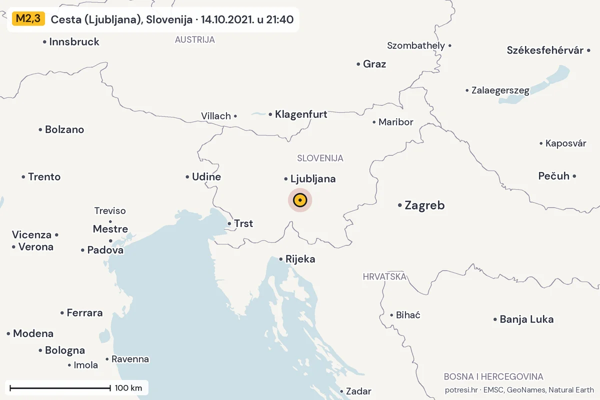 Karta: šire područje, 600 km, potres M2,3, Cesta (Ljubljana), Slovenija, 14.10.2021.