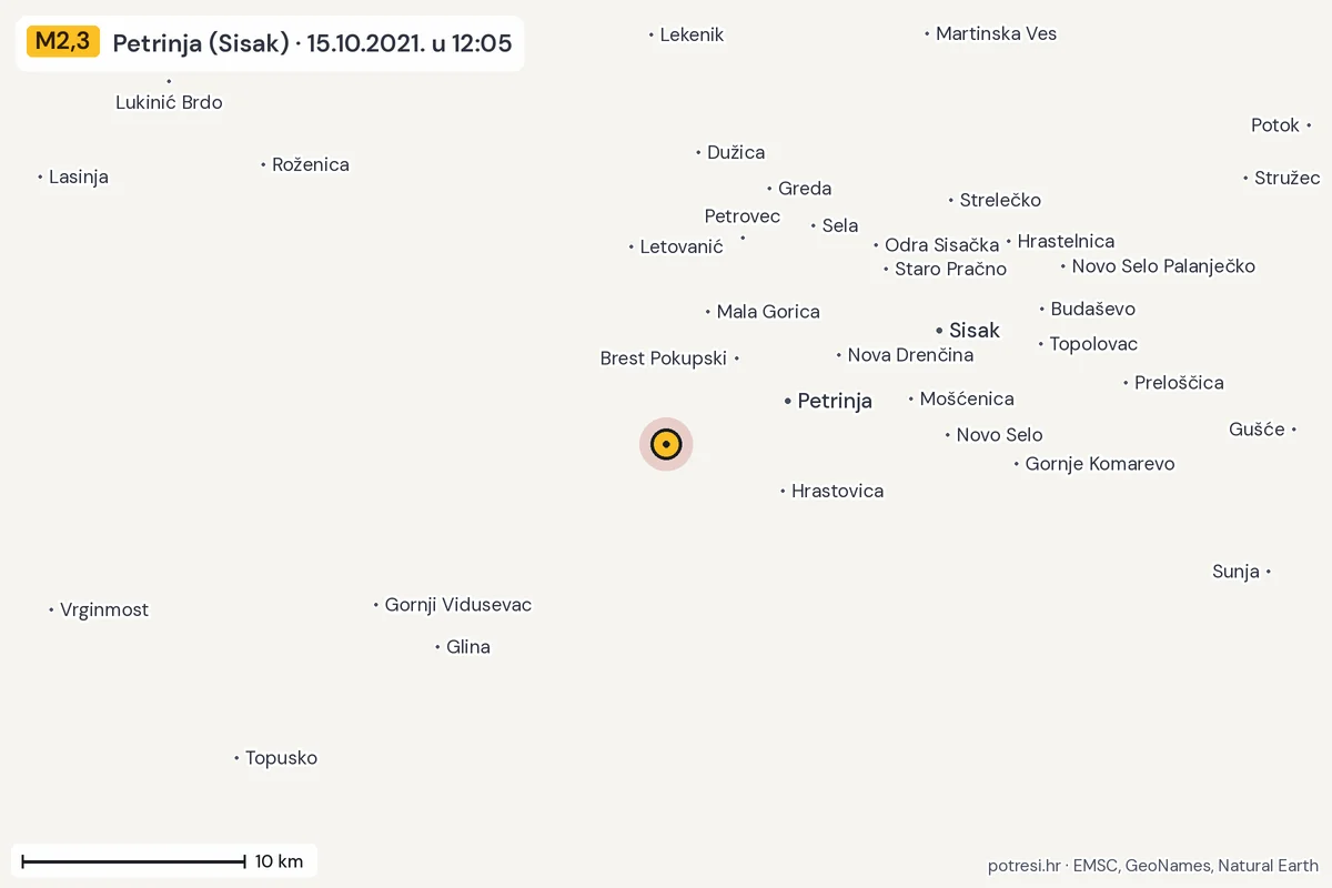 Karta: okolica epicentra, 60 km, potres M2,3, Petrinja (Sisak), 15.10.2021.