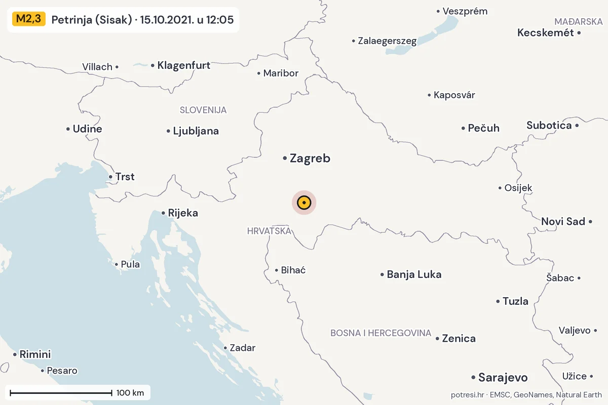 Karta: šire područje, 600 km, potres M2,3, Petrinja (Sisak), 15.10.2021.