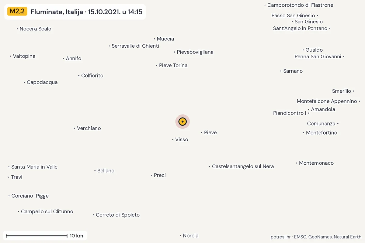 Karta: okolica epicentra, 60 km, potres M2,2, Fluminata, Italija, 15.10.2021.