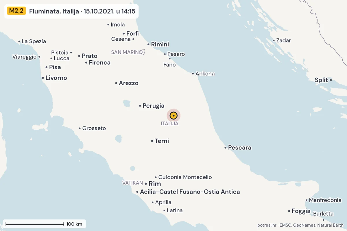 Karta: šire područje, 600 km, potres M2,2, Fluminata, Italija, 15.10.2021.