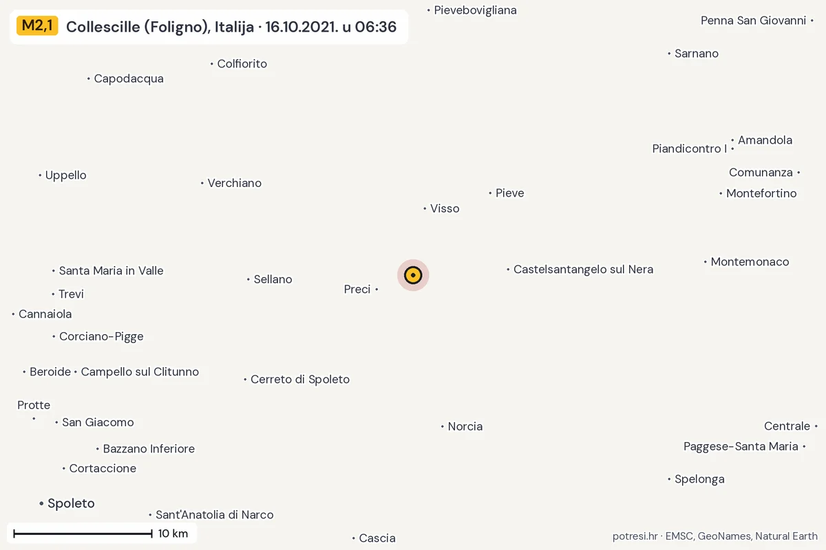 Karta: okolica epicentra, 60 km, potres M2,1, Collescille (Foligno), Italija, 16.10.2021.