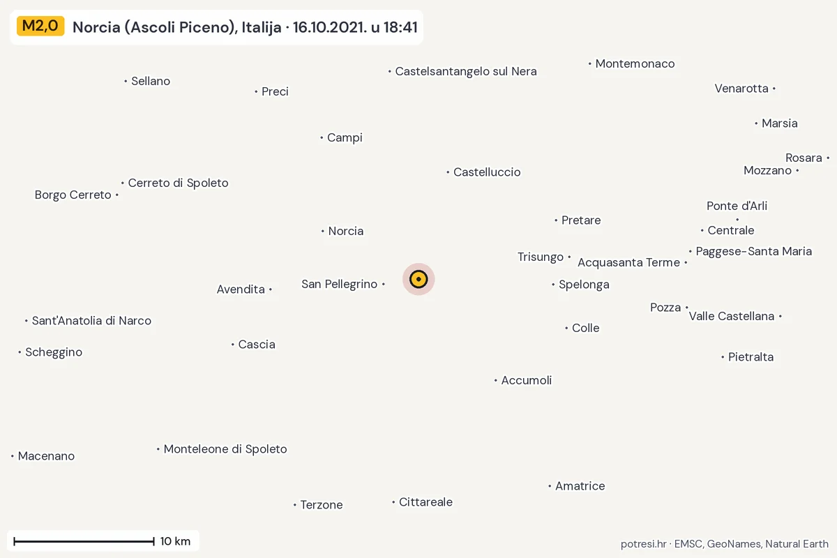 Karta: okolica epicentra, 60 km, potres M2,0, Norcia (Ascoli Piceno), Italija, 16.10.2021.
