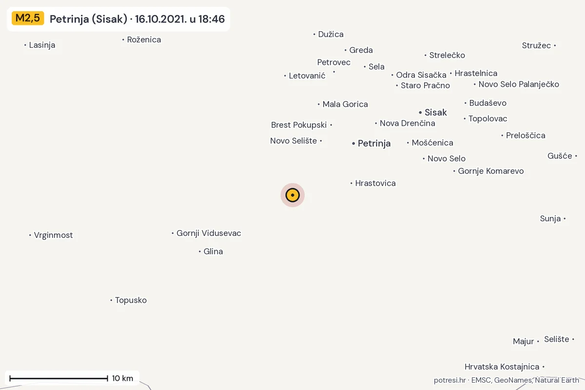 Karta: okolica epicentra, 60 km, potres M2,5, Petrinja (Sisak), 16.10.2021.
