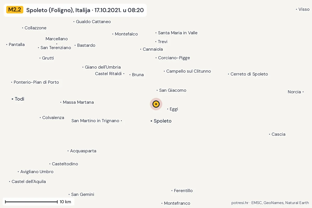 Karta: okolica epicentra, 60 km, potres M2,2, Spoleto (Foligno), Italija, 17.10.2021.