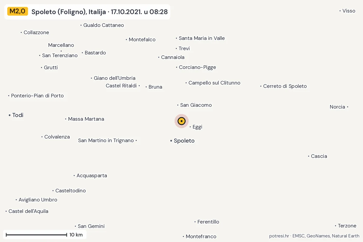 Karta: okolica epicentra, 60 km, potres M2,0, Spoleto (Foligno), Italija, 17.10.2021.