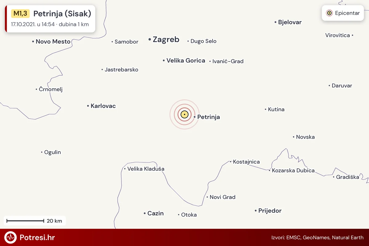 Karta: šire područje i vjerojatni doseg osjeta, potres M1,3, Petrinja (Sisak), 17.10.2021.