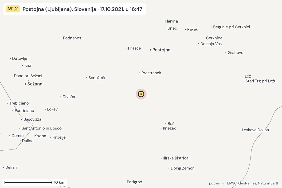 Karta: okolica epicentra, 60 km, potres M1,2, Postojna (Ljubljana), Slovenija, 17.10.2021.