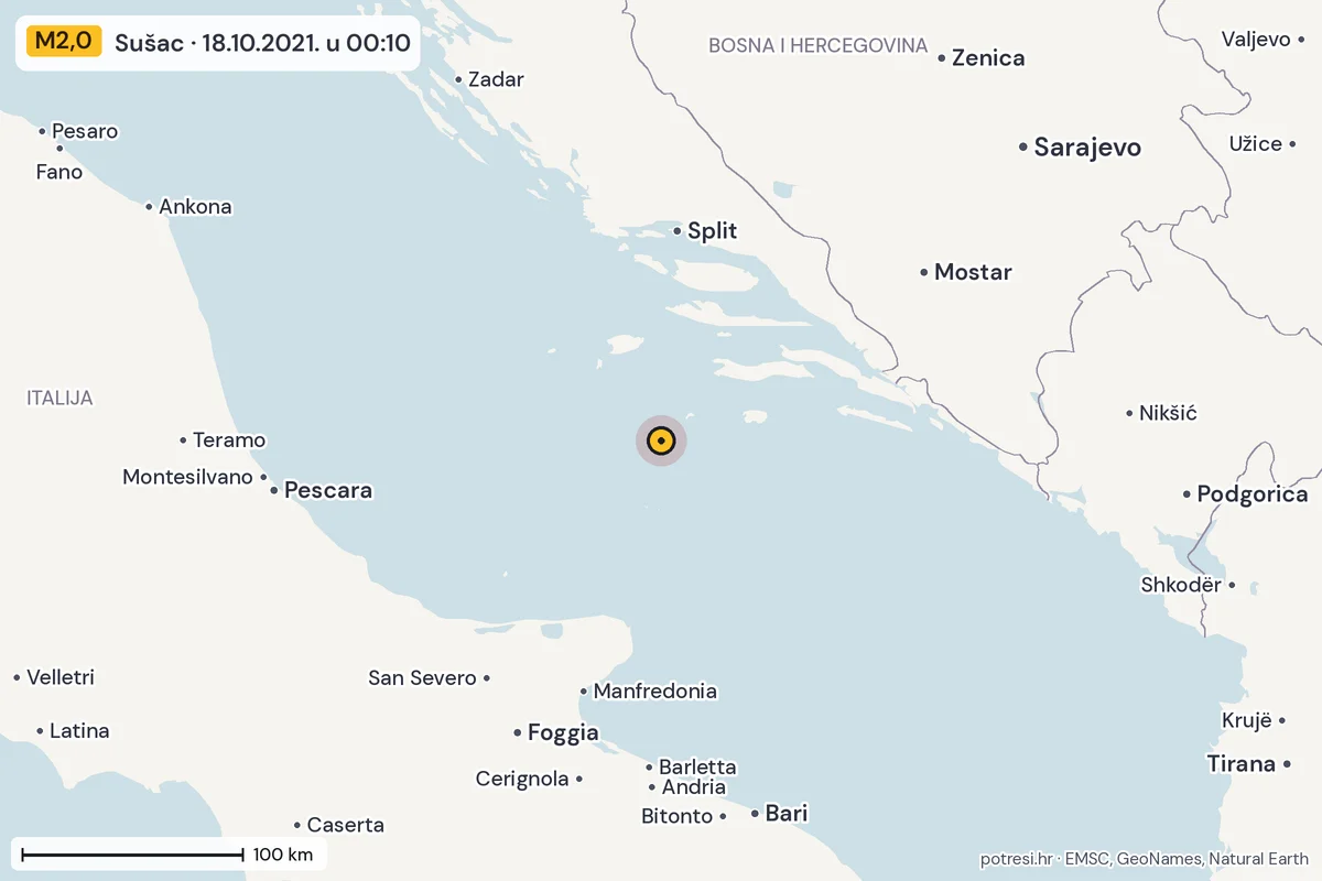 Karta: šire područje, 600 km, potres M2,0, Sušac, 18.10.2021.