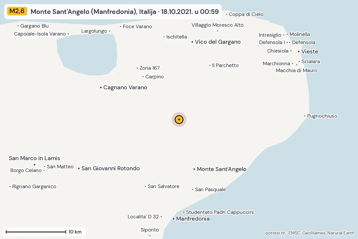 Karta: okolica epicentra, 60 km, potres M2,6, Monte Sant'Angelo (Manfredonia), Italija, 18.10.2021.