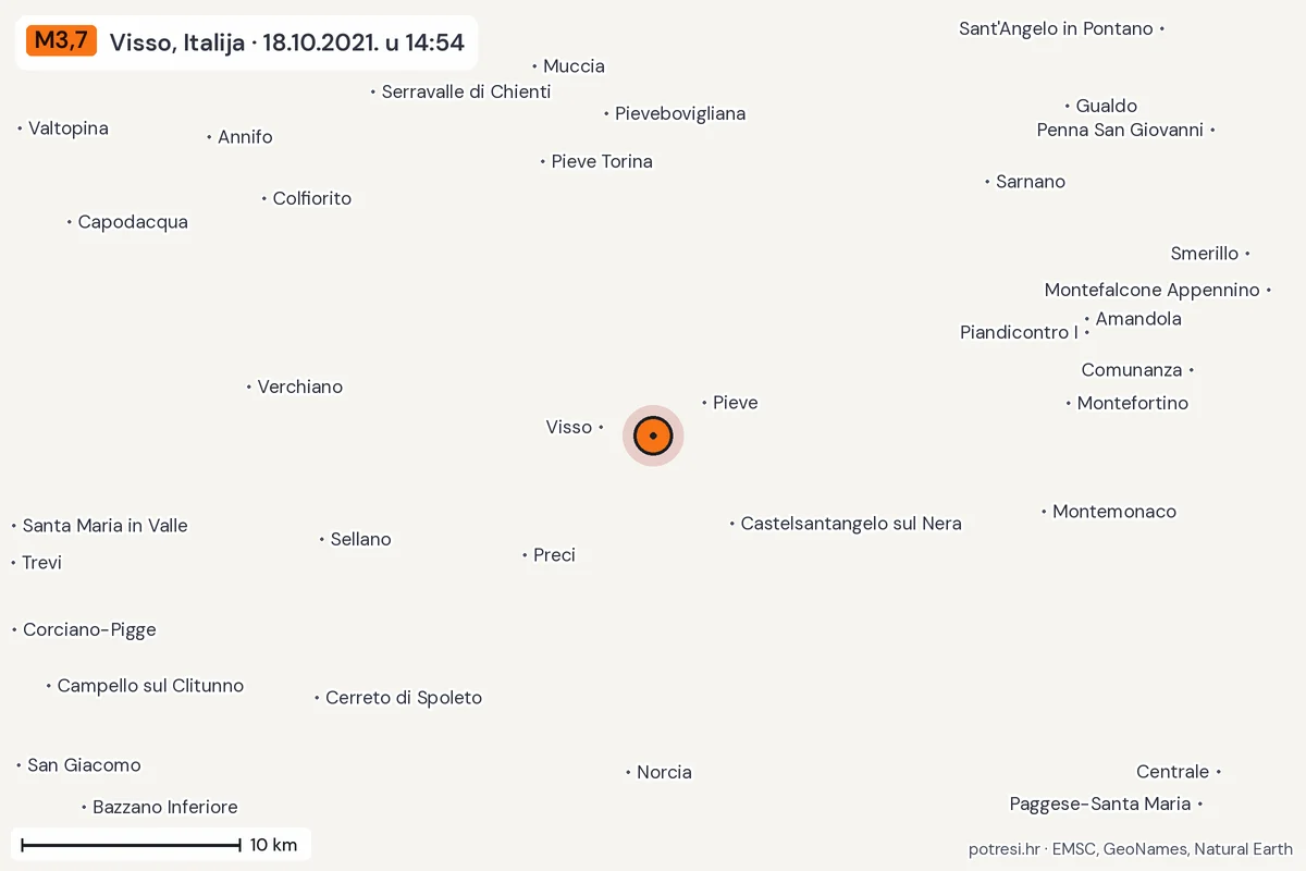 Karta: okolica epicentra, 60 km, potres M3,7, Visso, Italija, 18.10.2021.