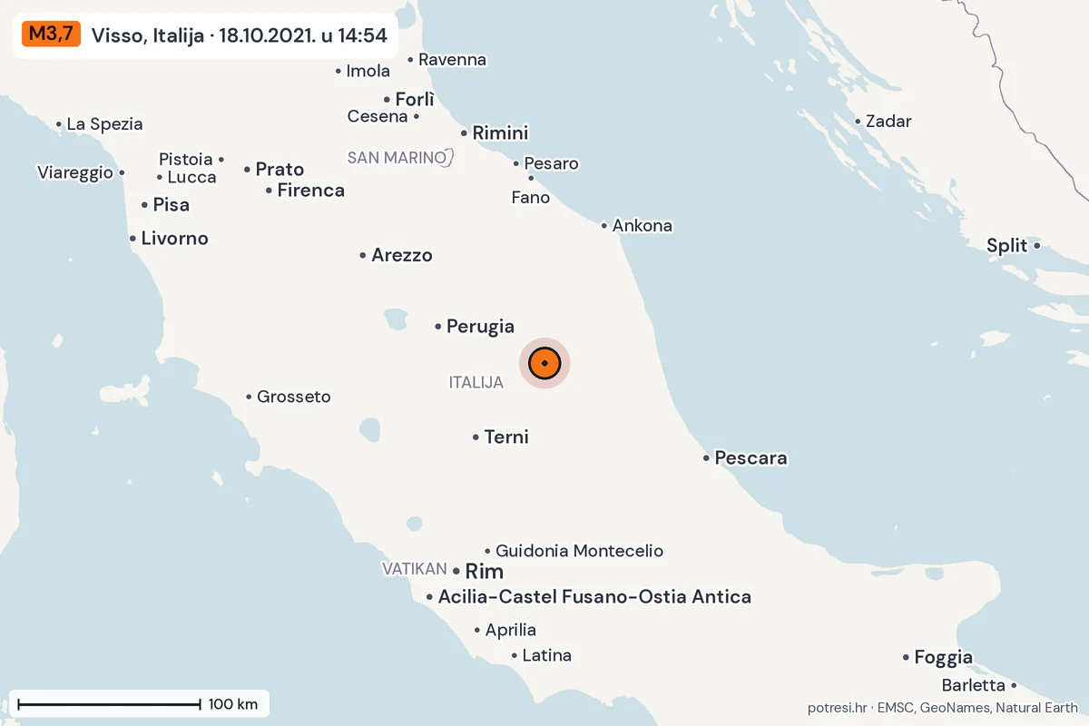 Karta: šire područje, 600 km, potres M3,7, Visso, Italija, 18.10.2021.