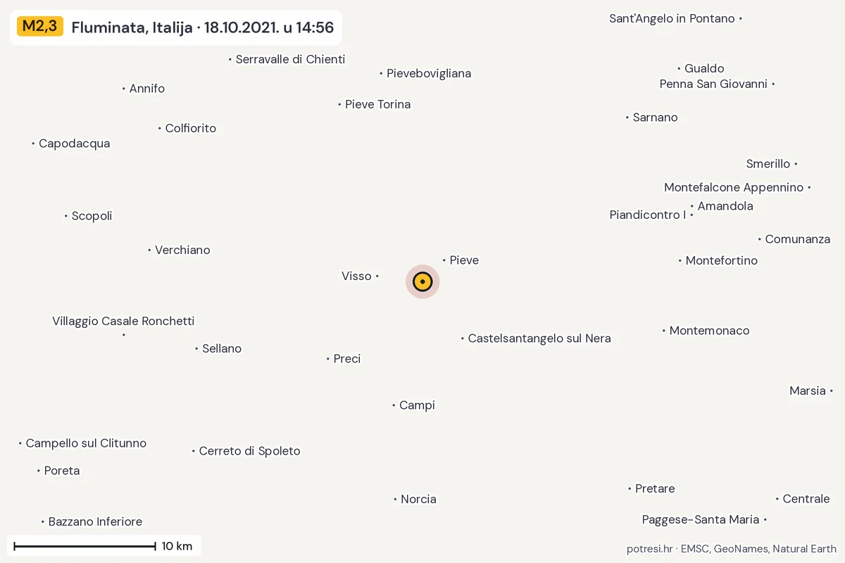 Karta: okolica epicentra, 60 km, potres M2,3, Fluminata, Italija, 18.10.2021.