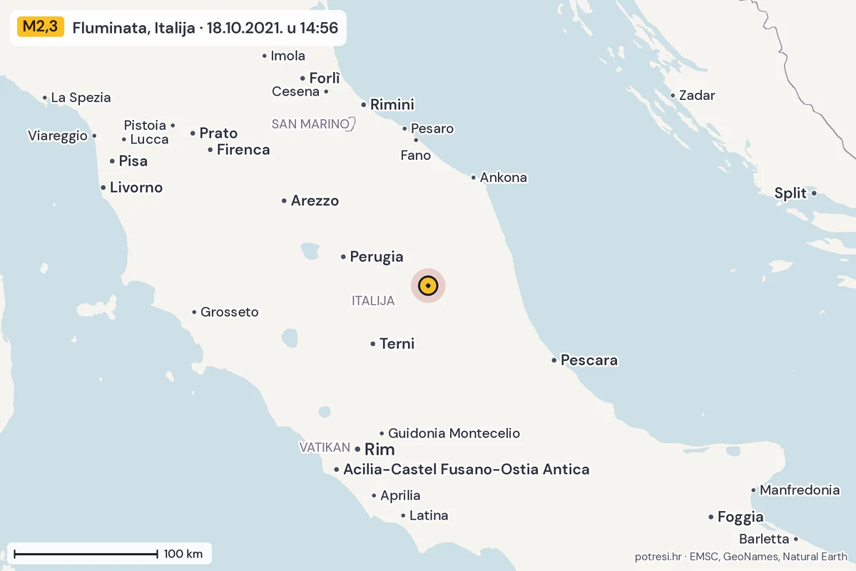 Karta: šire područje, 600 km, potres M2,3, Fluminata, Italija, 18.10.2021.
