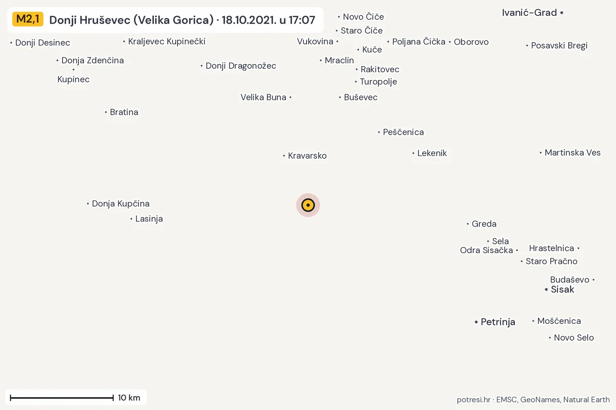Karta: okolica epicentra, 60 km, potres M2,1, Donji Hruševec (Velika Gorica), 18.10.2021.