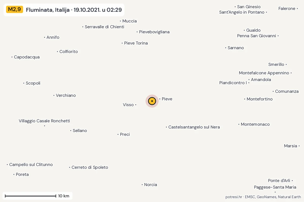 Karta: okolica epicentra, 60 km, potres M2,9, Fluminata, Italija, 19.10.2021.