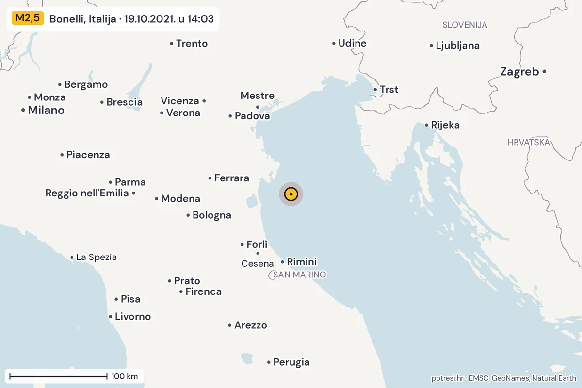 Karta: šire područje, 600 km, potres M2,5, Bonelli, Italija, 19.10.2021.