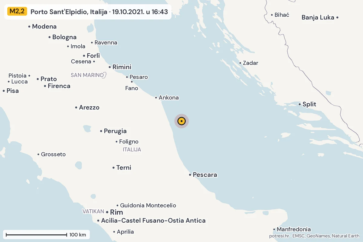 Karta: šire područje, 600 km, potres M2,2, Porto Sant'Elpidio, Italija, 19.10.2021.
