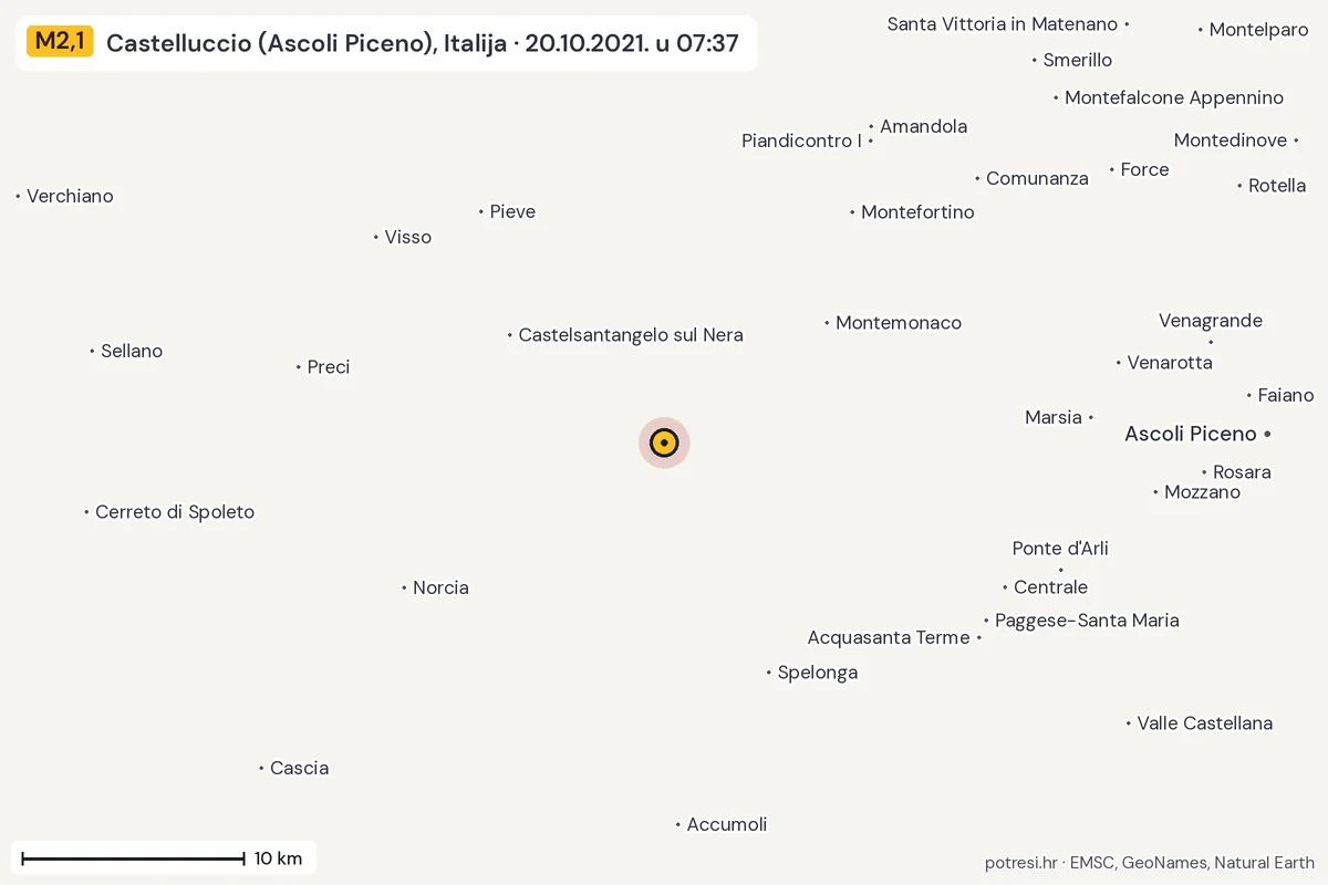 Karta: okolica epicentra, 60 km, potres M2,1, Castelluccio (Ascoli Piceno), Italija, 20.10.2021.