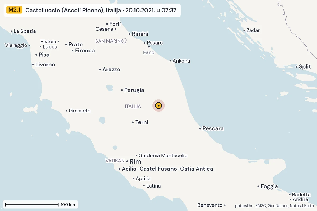 Karta: šire područje, 600 km, potres M2,1, Castelluccio (Ascoli Piceno), Italija, 20.10.2021.