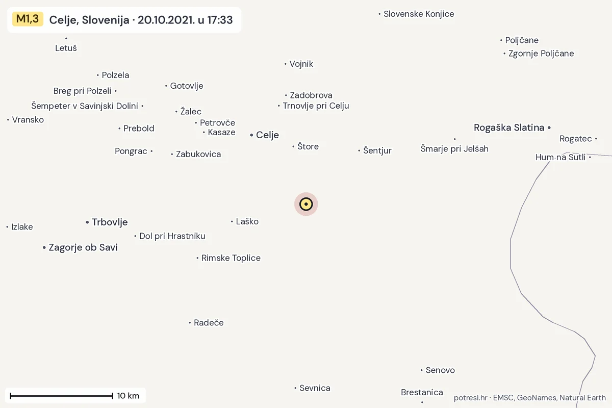 Karta: okolica epicentra, 60 km, potres M1,3, Celje, Slovenija, 20.10.2021.