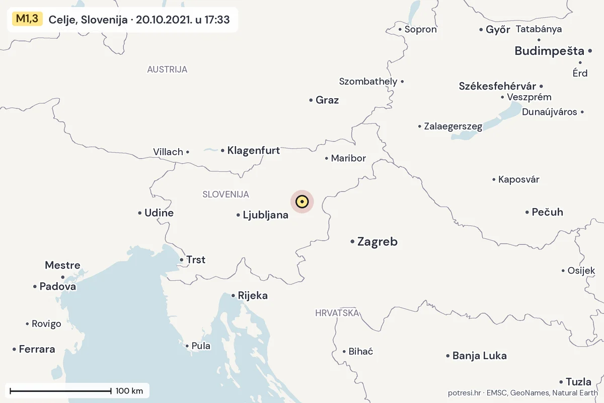 Karta: šire područje, 600 km, potres M1,3, Celje, Slovenija, 20.10.2021.