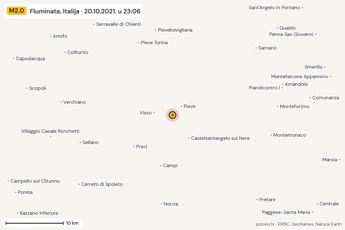 Karta: okolica epicentra, 60 km, potres M2,0, Fluminata, Italija, 20.10.2021.