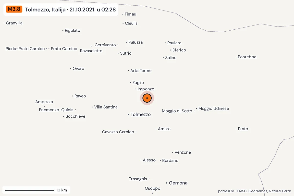 Karta: okolica epicentra, 60 km, potres M3,8, Tolmezzo, Italija, 21.10.2021.