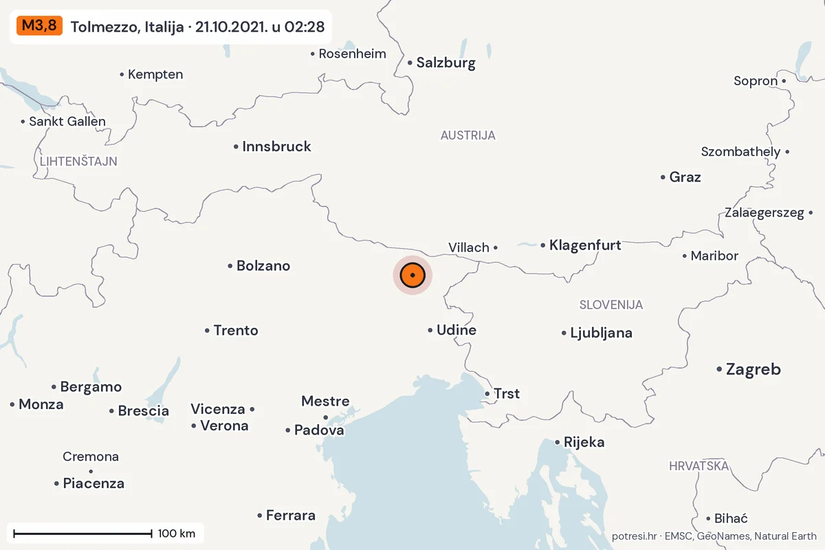 Karta: šire područje, 600 km, potres M3,8, Tolmezzo, Italija, 21.10.2021.