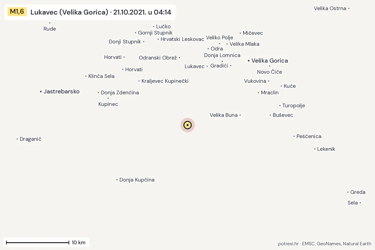Karta: okolica epicentra, 60 km, potres M1,6, Lukavec (Velika Gorica), 21.10.2021.