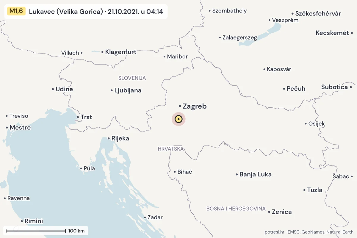 Karta: šire područje, 600 km, potres M1,6, Lukavec (Velika Gorica), 21.10.2021.