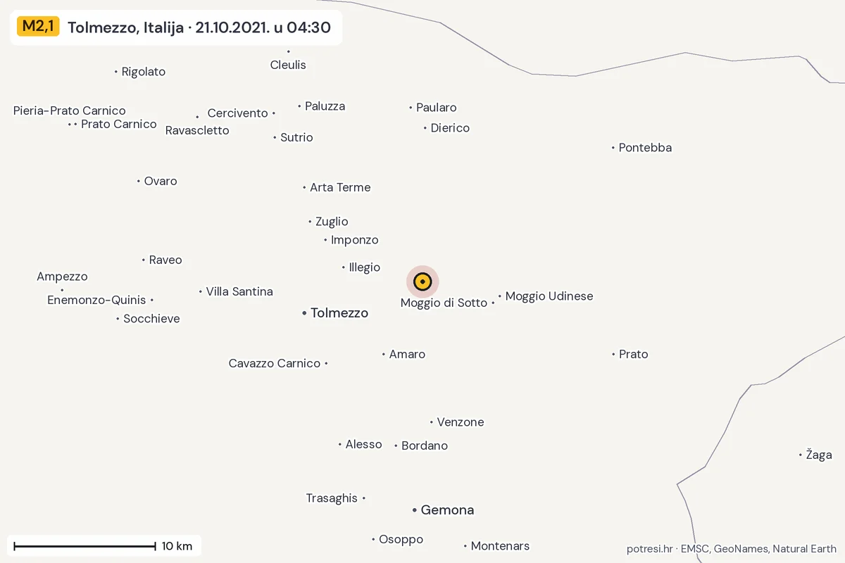 Karta: okolica epicentra, 60 km, potres M2,1, Tolmezzo, Italija, 21.10.2021.