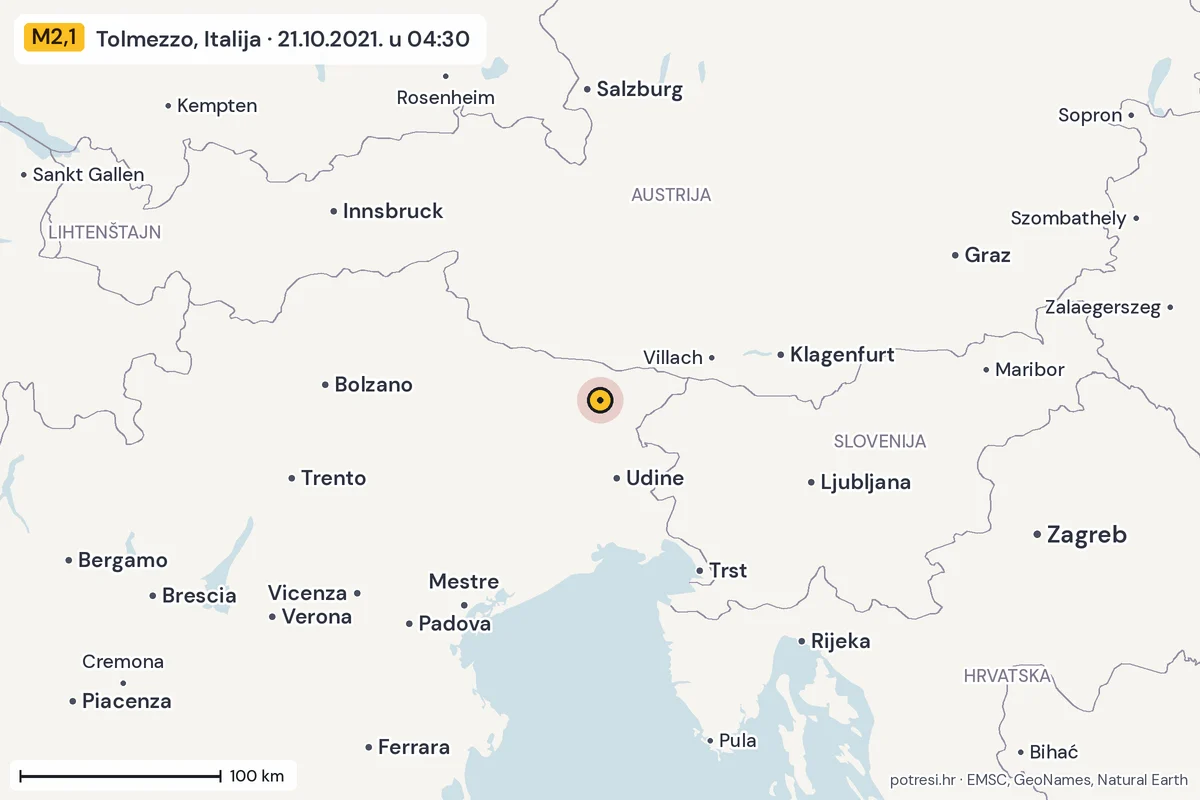 Karta: šire područje, 600 km, potres M2,1, Tolmezzo, Italija, 21.10.2021.